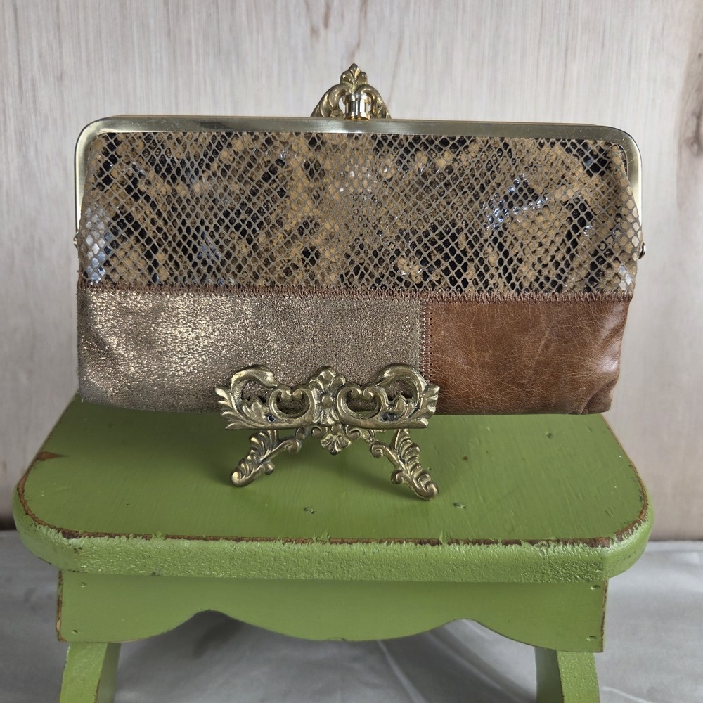 HOBO Lauren Clutch Wallet Leather Snakeskin Patchwork Double Frame Kiss Lock